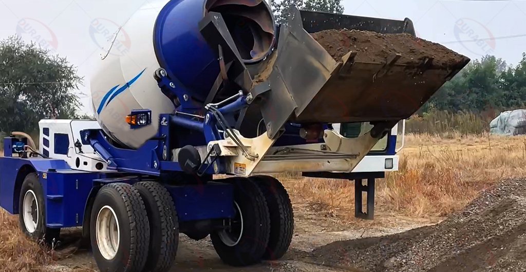 Self loading concrete mixer working site